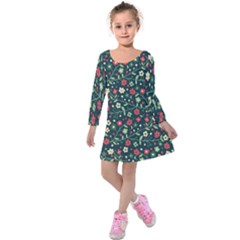 Flowering Branches Seamless Pattern Kids  Long Sleeve Velvet Dress