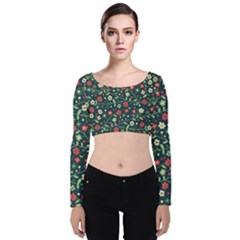 Flowering Branches Seamless Pattern Velvet Long Sleeve Crop Top