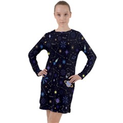 Starry Night  Space Constellations  Stars  Galaxy  Universe Graphic  Illustration Long Sleeve Hoodie Dress