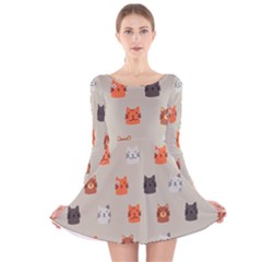 Cat Faces Pattern Long Sleeve Velvet Skater Dress