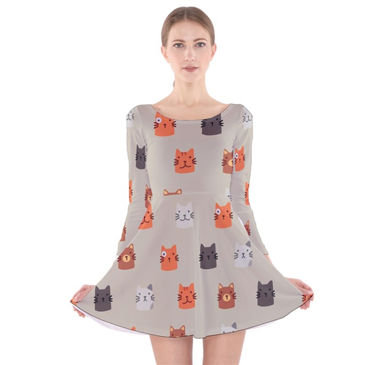 Cat Faces Pattern Long Sleeve Velvet Skater Dress