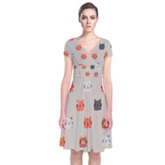 Cat Faces Pattern Short Sleeve Front Wrap Dress by Nexatart