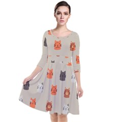 Cat Faces Pattern Quarter Sleeve Waist Band Dress by Nexatart