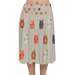 Cat Faces Pattern Velvet Flared Midi Skirt