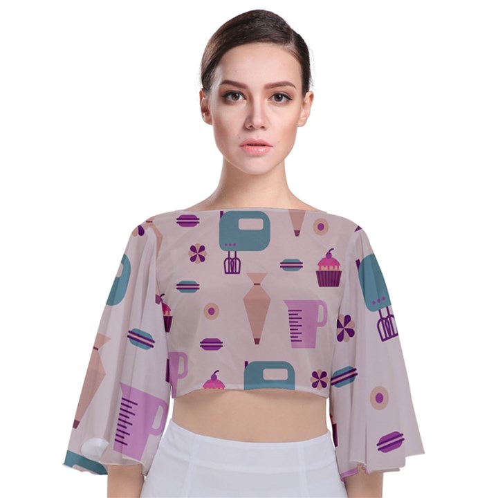 Seamless Bakery Vector Pattern Tie Back Butterfly Sleeve Chiffon Top