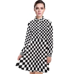 Illusion Checkerboard Black And White Pattern Long Sleeve Chiffon Shirt Dress