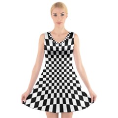 Illusion Checkerboard Black And White Pattern V-neck Sleeveless Dress