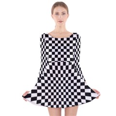 Illusion Checkerboard Black And White Pattern Long Sleeve Velvet Skater Dress