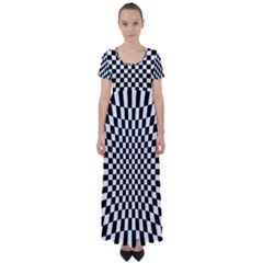 Illusion Checkerboard Black And White Pattern High Waist Short Sleeve Maxi Dress