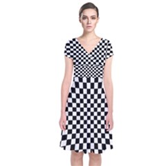 Illusion Checkerboard Black And White Pattern Short Sleeve Front Wrap Dress