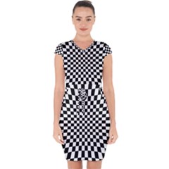 Illusion Checkerboard Black And White Pattern Capsleeve Drawstring Dress 