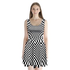 Illusion Checkerboard Black And White Pattern Split Back Mini Dress 