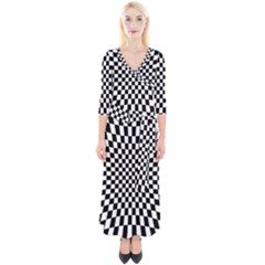 Illusion Checkerboard Black And White Pattern Quarter Sleeve Wrap Maxi Dress