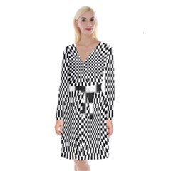 Illusion Checkerboard Black And White Pattern Long Sleeve Velvet Front Wrap Dress