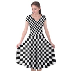 Illusion Checkerboard Black And White Pattern Cap Sleeve Wrap Front Dress