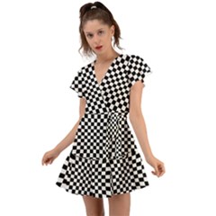 Illusion Checkerboard Black And White Pattern Flutter Sleeve Wrap Dress