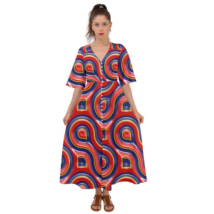 Pattern Curve Design Kimono Sleeve Boho Dress