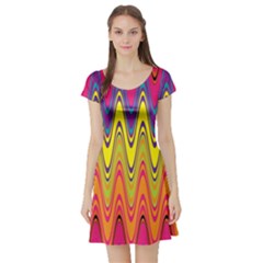 Retro Colorful Waves Background Short Sleeve Skater Dress