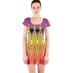 Retro Colorful Waves Background Short Sleeve Bodycon Dress