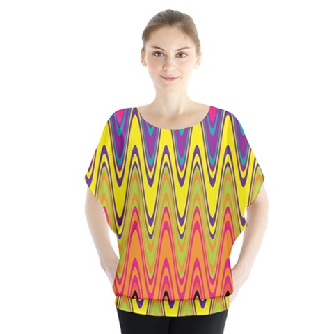 Retro Colorful Waves Background Batwing Chiffon Blouse by Nexatart