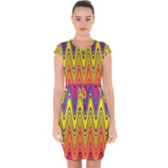 Retro Colorful Waves Background Capsleeve Drawstring Dress 