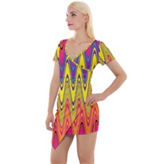 Retro Colorful Waves Background Short Sleeve Asymmetric Mini Dress