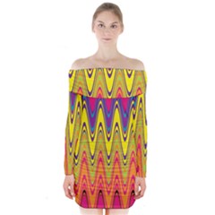 Retro Colorful Waves Background Long Sleeve Off Shoulder Dress by Nexatart