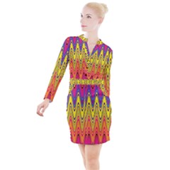 Retro Colorful Waves Background Button Long Sleeve Dress by Nexatart