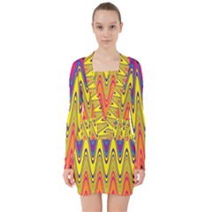 Retro Colorful Waves Background V-neck Bodycon Long Sleeve Dress by Nexatart