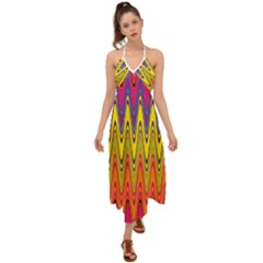 Retro Colorful Waves Background Halter Tie Back Dress 