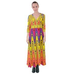 Retro Colorful Waves Background Button Up Maxi Dress