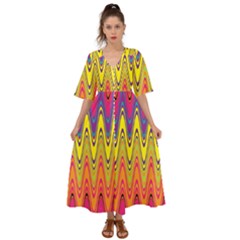 Retro Colorful Waves Background Kimono Sleeve Boho Dress