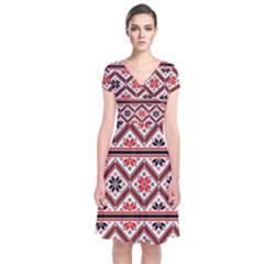 Folklore Ethnic Pattern Background Short Sleeve Front Wrap Dress