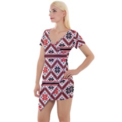 Folklore Ethnic Pattern Background Short Sleeve Asymmetric Mini Dress