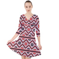 Folklore Ethnic Pattern Background Quarter Sleeve Front Wrap Dress