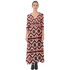 Folklore Ethnic Pattern Background Button Up Boho Maxi Dress