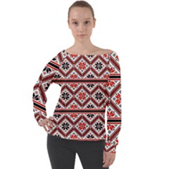 Folklore Ethnic Pattern Background Off Shoulder Long Sleeve Velour Top