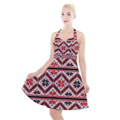 Folklore Ethnic Pattern Background Halter Party Swing Dress 