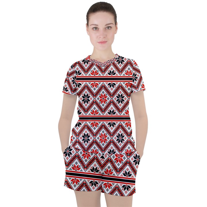 Folklore Ethnic Pattern Background Women s Tee and Shorts Set