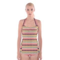 Vintage Stripes Lines Background Boyleg Halter Swimsuit  by Nexatart