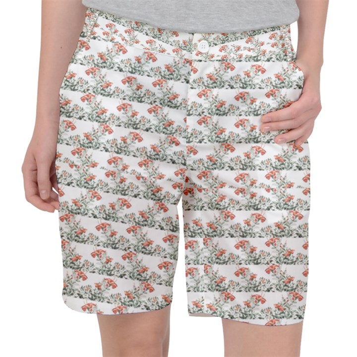 Photo Illustration Floral Motif Striped Design Pocket Shorts