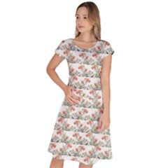 Photo Illustration Floral Motif Striped Design Classic Short Sleeve Dress