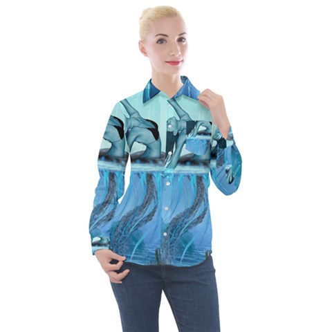 Wonderful Jellyfish Women Women s Long Sleeve Pocket Shirt by FantasyWorld7