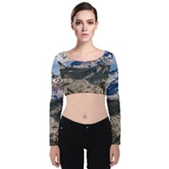 El Chalten Landcape Andes Patagonian Mountains, Agentina Velvet Long Sleeve Crop Top by dflcprintsclothing