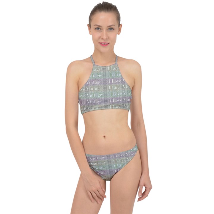 I Love Vintage Phrase Motif Striped Pattern Design Racer Front Bikini Set