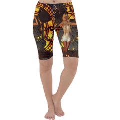 Steampunk Clockwork And Steampunk Girl Cropped Leggings  by FantasyWorld7