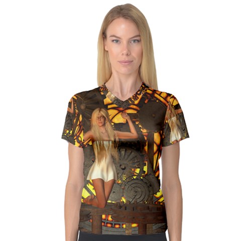 Steampunk Clockwork And Steampunk Girl V-neck Sport Mesh Tee by FantasyWorld7