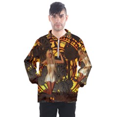 Steampunk Clockwork And Steampunk Girl Men s Half Zip Pullover by FantasyWorld7