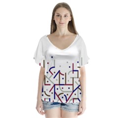 Lines And Dots Motif Geometric Print V-neck Flutter Sleeve Top