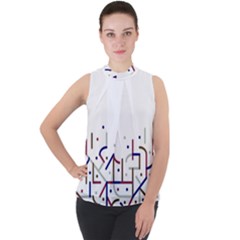 Lines And Dots Motif Geometric Print Mock Neck Chiffon Sleeveless Top